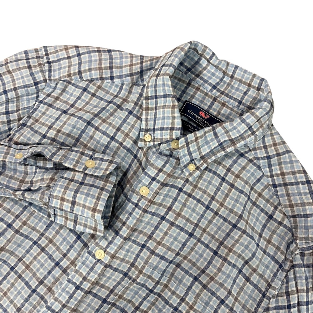 VINEYARD VINES Mens M Linen Shirt Blue Plaid Classic Fit Button Down Preppy